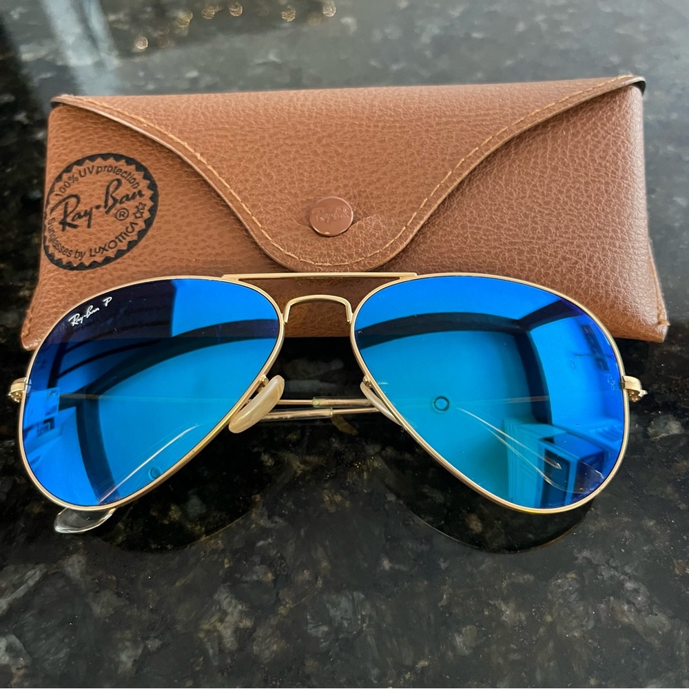 NOT FOR SALE. Ray Ban Polarized Flash Aviator - Blue Mirror & Gold Frame